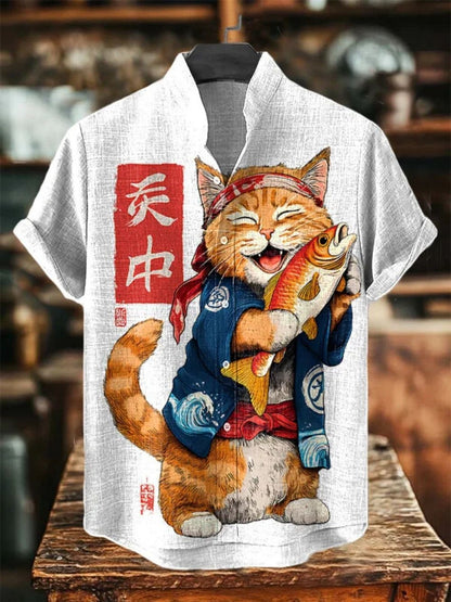 2025 new men's short sleeved shirt, Japanese art printed shirt, summer men's casual cardigan breathable bamboo and linen shirt