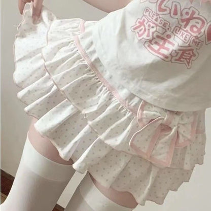Deeptown Harajuku Y2k Lolita Mini Skirt Women Bow Japanese Style Kawaii Pleated Skirts Sweet Dot Ruffles Cake Layered Skirts