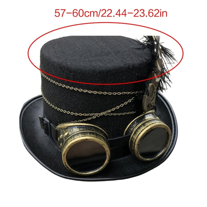 Steampunk Top Hat Wool Felt Victorian Hat with Goggles & Feather Unisex Costume Top Cap Gothic Hippies Cap Cosplay Props