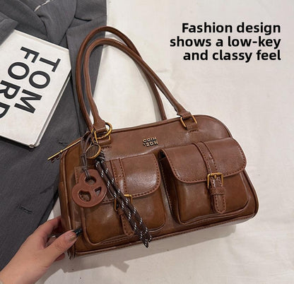 Women's Coffee Brown Multi-Pocket Handbag Shoulder Bag, Stylish Versatile Letter Crossbody Purse for Travel Work Shopping Dates
