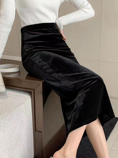 Elegant Velvet Black Long Skirts Women Autumn Winter High Waist Faldas Korean Fahion Clothing Office Ladies Bodycon Midi Skirt