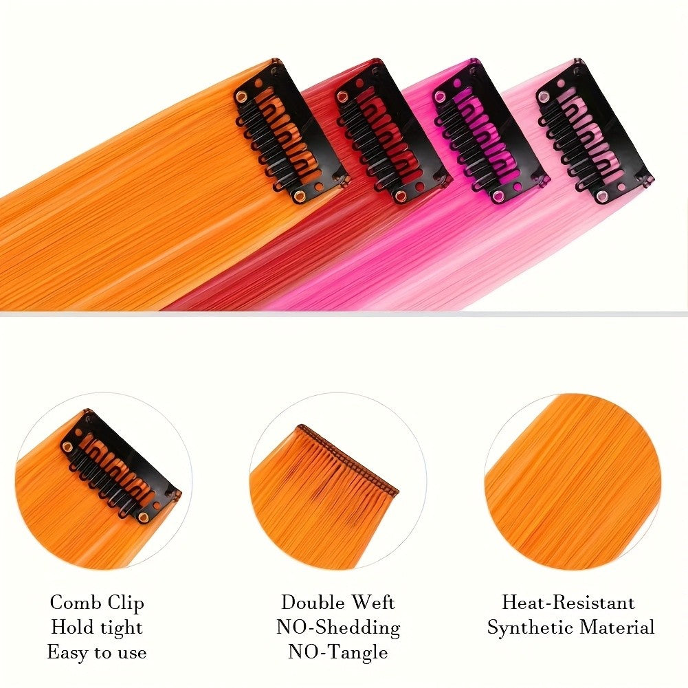 6 Pcs Clip Extensions, 24 Inch Colored Hair Extensions Party Highlights Long Straight Synthetic Hairpieces for Women Kids Girl