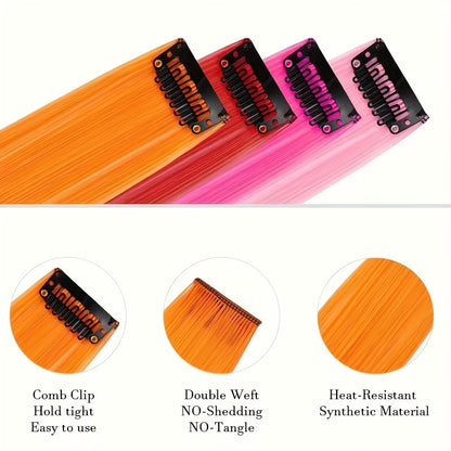 6 Pcs Clip Extensions, 24 Inch Colored Hair Extensions Party Highlights Long Straight Synthetic Hairpieces for Women Kids Girl