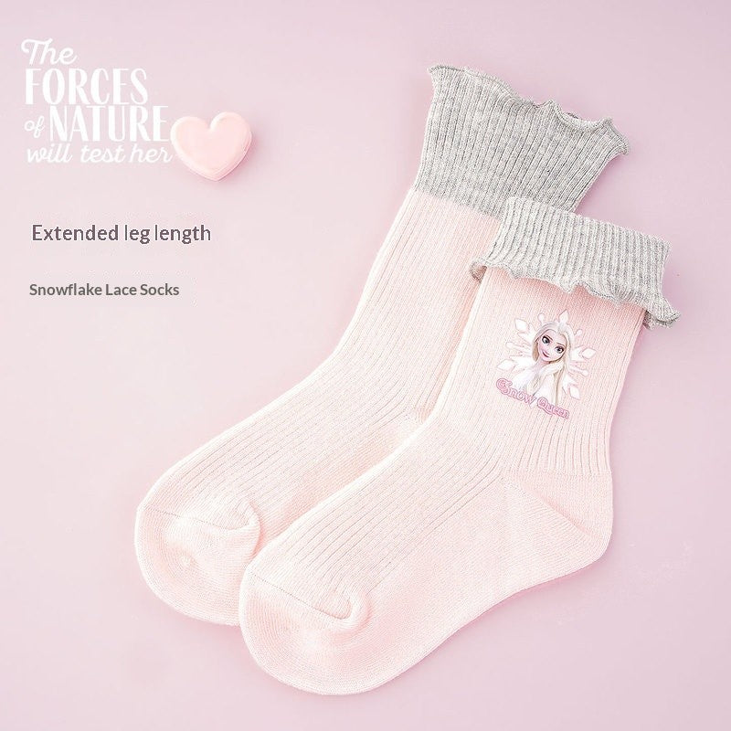 Disney Girls' Socks Autumn/Winter Lace Short Socks Elsa Princess A-Class Cartoon Children'S Cute Warm Cotton Socks