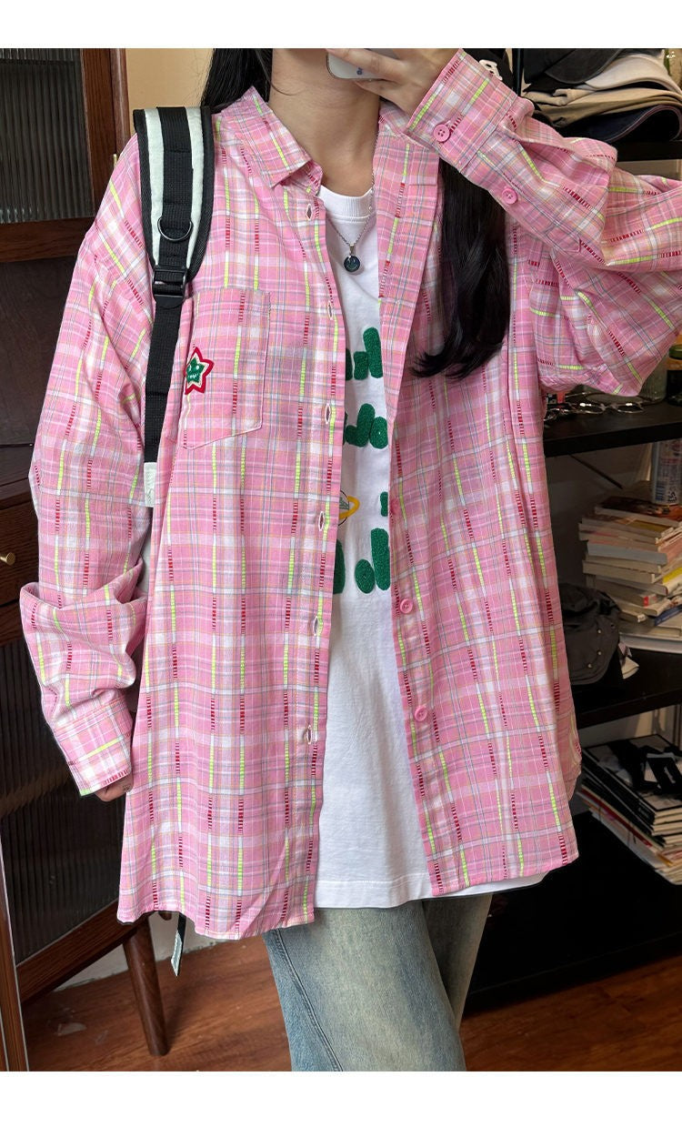 Ice Blue Plaid Long Sleeve Shirt Unisex Premium Cleanfit Denim Fabric V-neck Open Cardigan Style Holiday Vibes Short Length