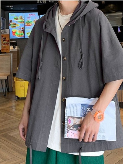 Gmiixder Hooded Short-sleeved Shirts for Men Women Japan Summer Trend Cityboy Solid Blouse Unisex Cargo Button Up Shirt Jacket