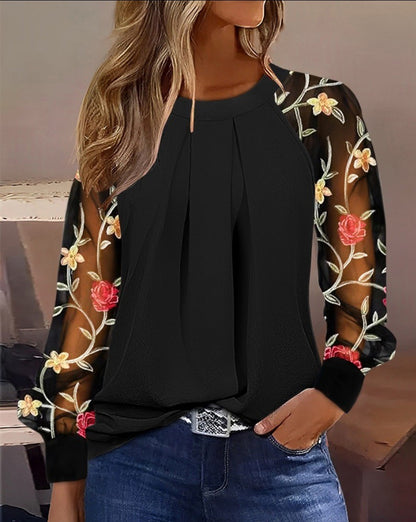 Spring And Autumn Women's Fashionable Round Neck Lace Patchwork Shirt Elegant Long Sleeved Hollow V-neck Loose Fitting Blouse