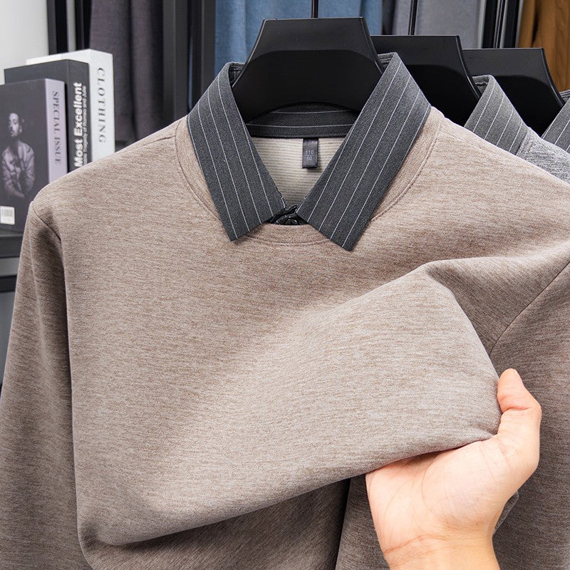 Fake Two-piece Striped Shirt Collar Knitted Sweater Men's Warm and Versatile Casual Woolen Shirt Waffle Top Winter Trend