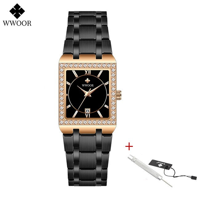 WWOOR Top Brand Luxury New Ladies Diamond Watch Fashion Square lady Wrist Watch Simple Women Dress Small Watch Relogio Feminino