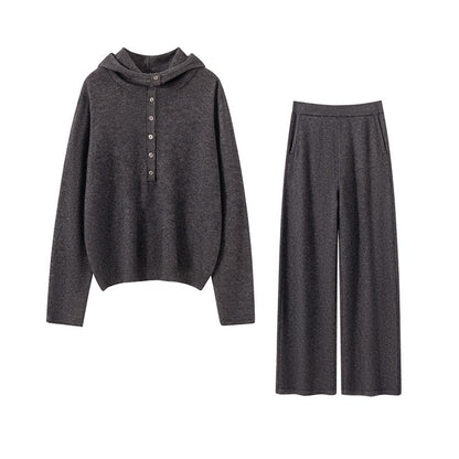 Autumn Winter New 100% Pure Cashmere Women Half Open Front Hoodie Set Knitted Two Piece Pullover Knitwear Wide Leg Pants
