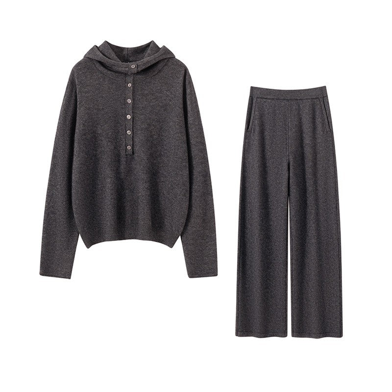 Autumn Winter New 100% Pure Cashmere Women Half Open Front Hoodie Set Knitted Two Piece Pullover Knitwear Wide Leg Pants