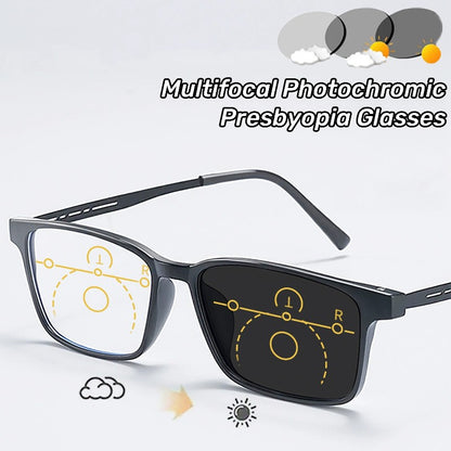 Óculos Multifocal Fotocromático para Presbiopia Armação Quadrada Óculos de Leitura para Negócios Luz Azul Lentes Acabadas para Vista Longa