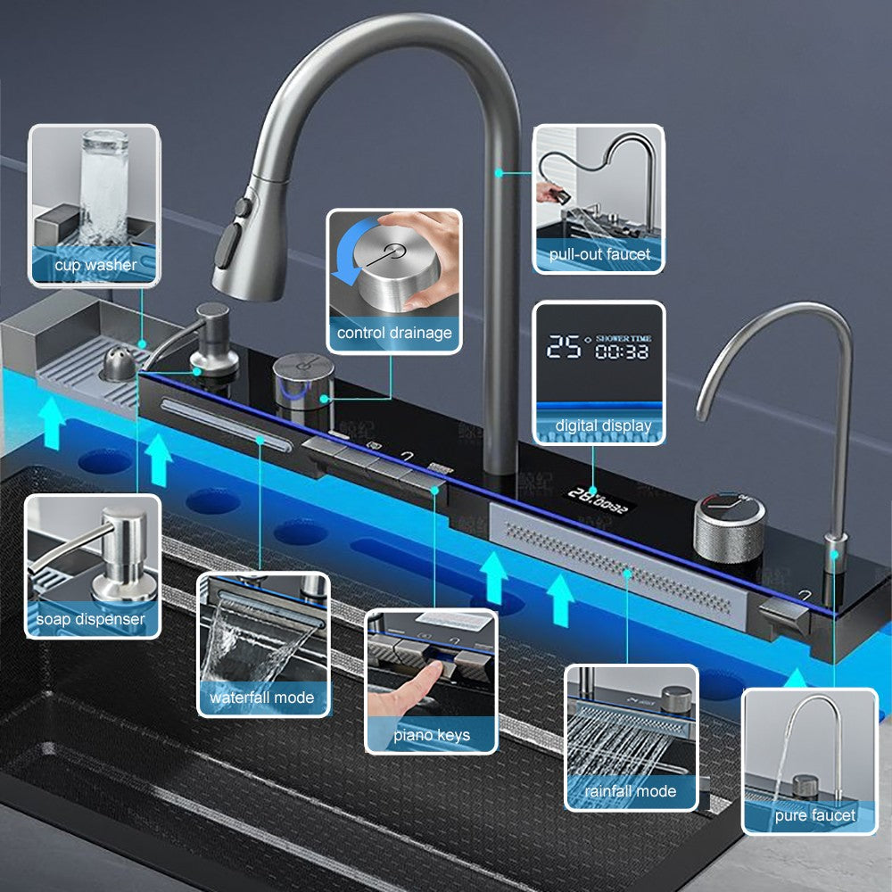 Multifunctional Kitchen Waterfall Sink Digital Display Large Single Gray Sink Dish Basin Sink 304 Stainless Steel