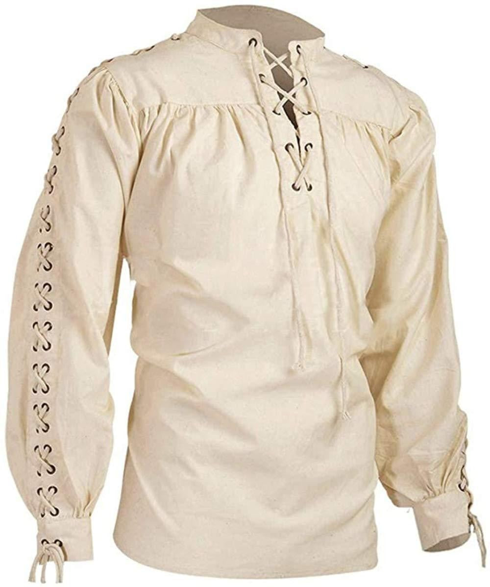 Men Medieval Shirts Drawstring Viking Vintage Sleeve Tunic Cosplay Tops Knight Costume Ruffle Pirate Gothic Neckline Male Shirts