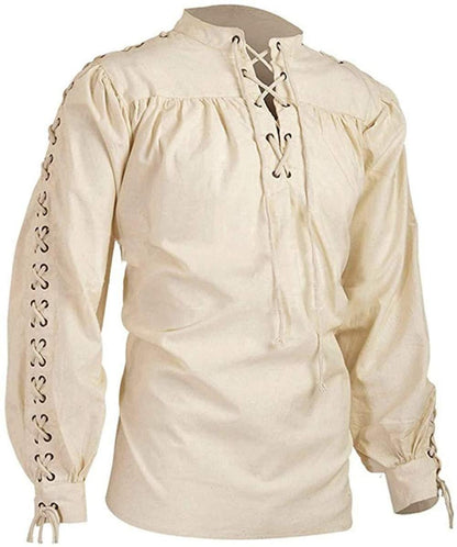 Men Medieval Shirts Drawstring Viking Vintage Sleeve Tunic Cosplay Tops Knight Costume Ruffle Pirate Gothic Neckline Male Shirts