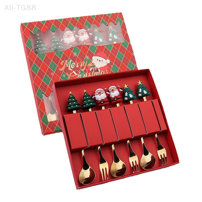 Stainless Steel Christmas Fork And Spoon Set with Gift Box for Coffee Tea Dessert Tableware