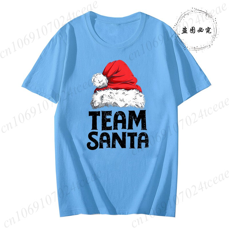 Women's Casual Short Sleeve T-Shirt with Christmas Team Santa Print T-Shirts Round Neck Christmas Party Wear Women's Clothing