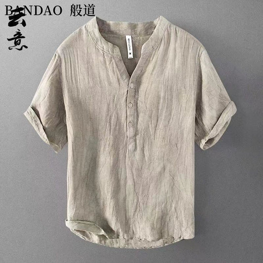 Chinese Style Spring and Summer Loose High-end Men's Linen Short-sleeved Cotton Linen Casual Breathable Shirt Collar T-shirt