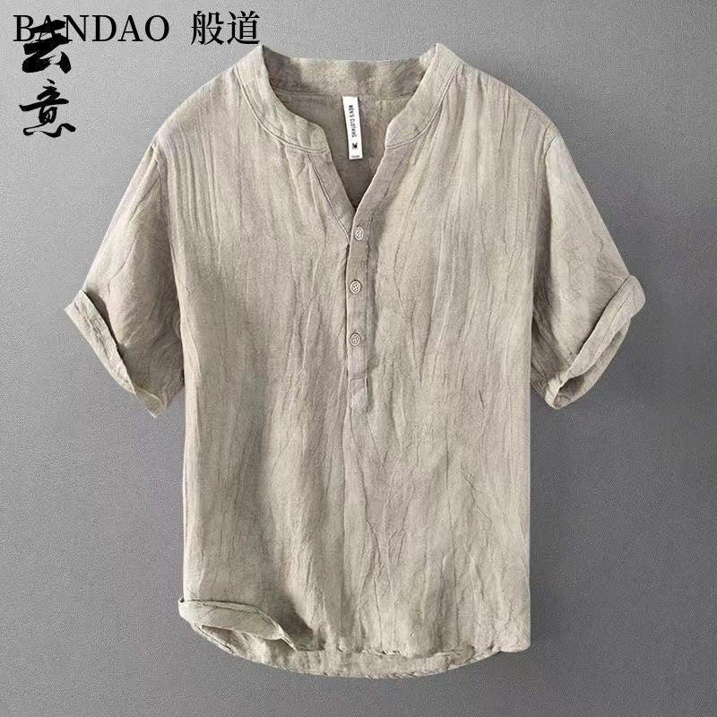 Chinese Style Spring and Summer Loose High-end Men's Linen Short-sleeved Cotton Linen Casual Breathable Shirt Collar T-shirt