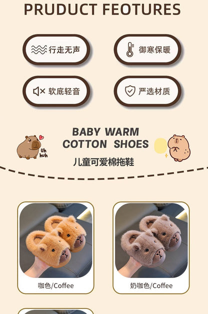 Capybara Children Slippers 2025 Winter New Cute Fluffy Cotton floor shoes woman Warm Indoor Cartoon Plush Floor Home Slippers