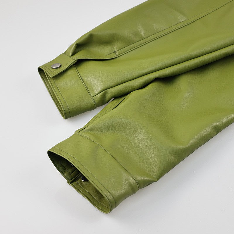 Olive Green Leather Jacket Coat Silhouette Vintage High Street Trend Zipper Lapel Short Overcoat Loose Casual Top Outwear Autumn