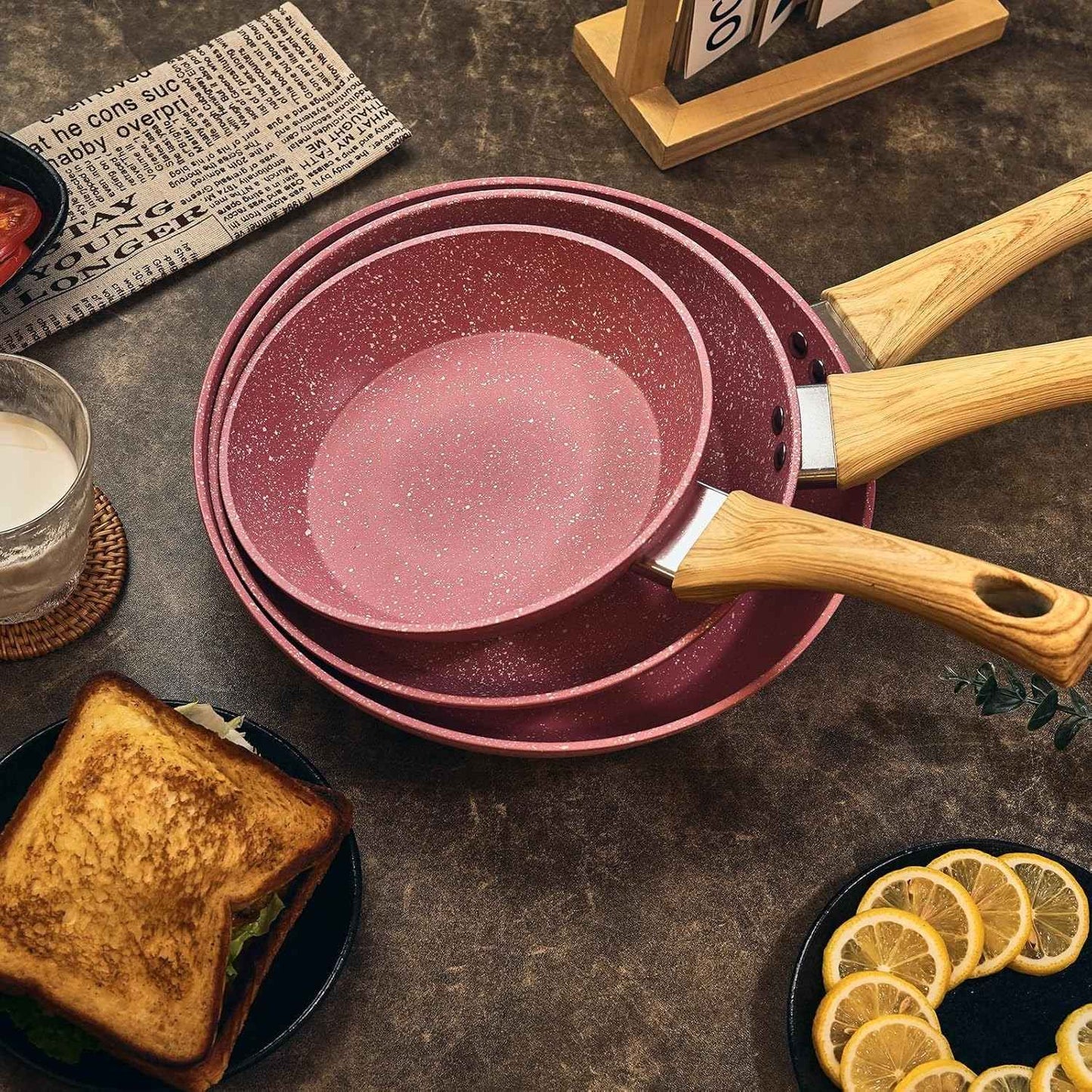 Non stick frying pan set, 8-inch, 9.5-inch, and 11 inch pink egg pans, anti warping base, compatible with induction