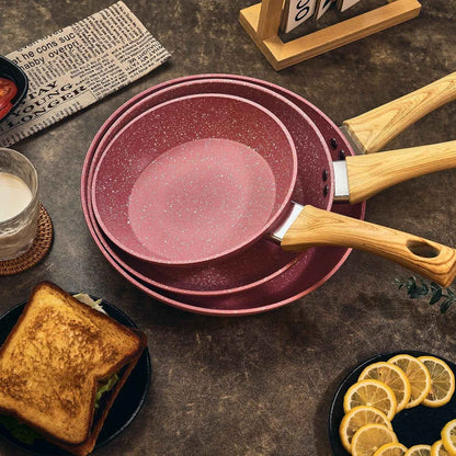 Non stick frying pan set, 8-inch, 9.5-inch, and 11 inch pink egg pans, anti warping base, compatible with induction