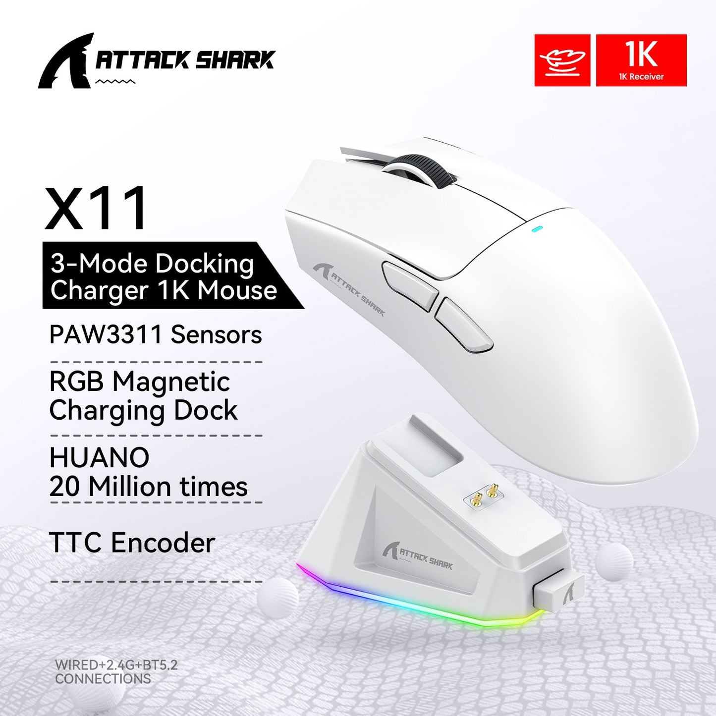 Mouse Gamer ATTACK SHARK X11 e Mouse Sem Fio X11 SE 22000 DPI, Sensor PAW3311, BT/2.4G/Com Fio, 59g Leve, 20 Milhões de Cliques