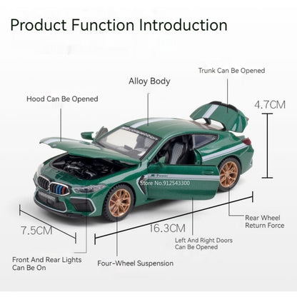 1:32 Scale M8 Competition Police Car Model Toy Alloy Diecast Shock Absorption Miniature Vehicles Models for Kids Presents