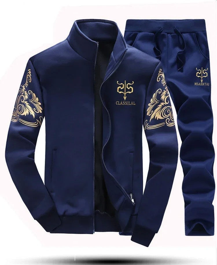 Winter Men's Sports Suit with Fleece and Warm Standing Collar Jacket+men's Drawstring Sports Pants Fashionable Printed Men's Set