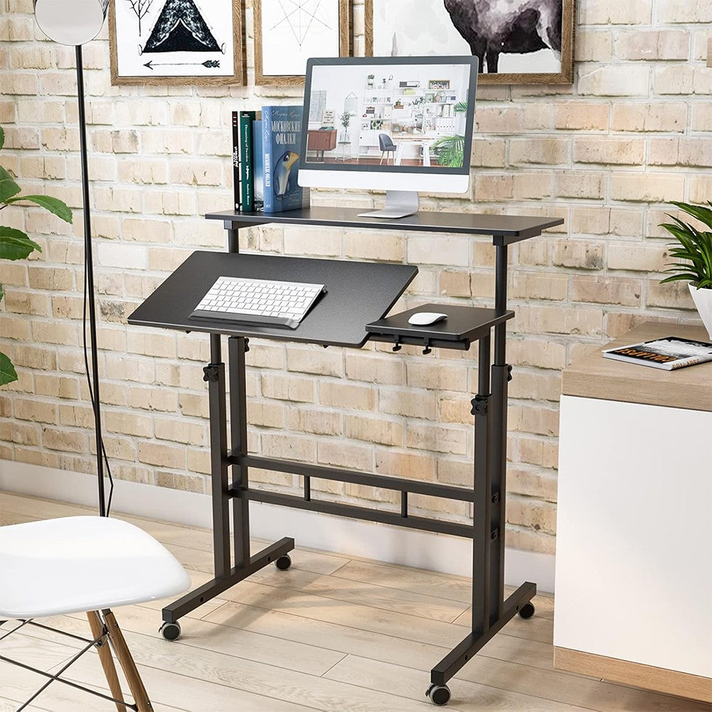 Mobile Desk With Folding Table Top, Height Adjustable Computer PC Table Workstation Laptop Stand with Rollers for Home Office