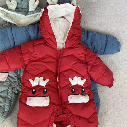 Demin-season Winter Kids Boys Rompers 2025 Cartoon Pockets Hooded Bodysuit For 0-3Y Newborn Infant Babys Boys One-piece Jumpsuit