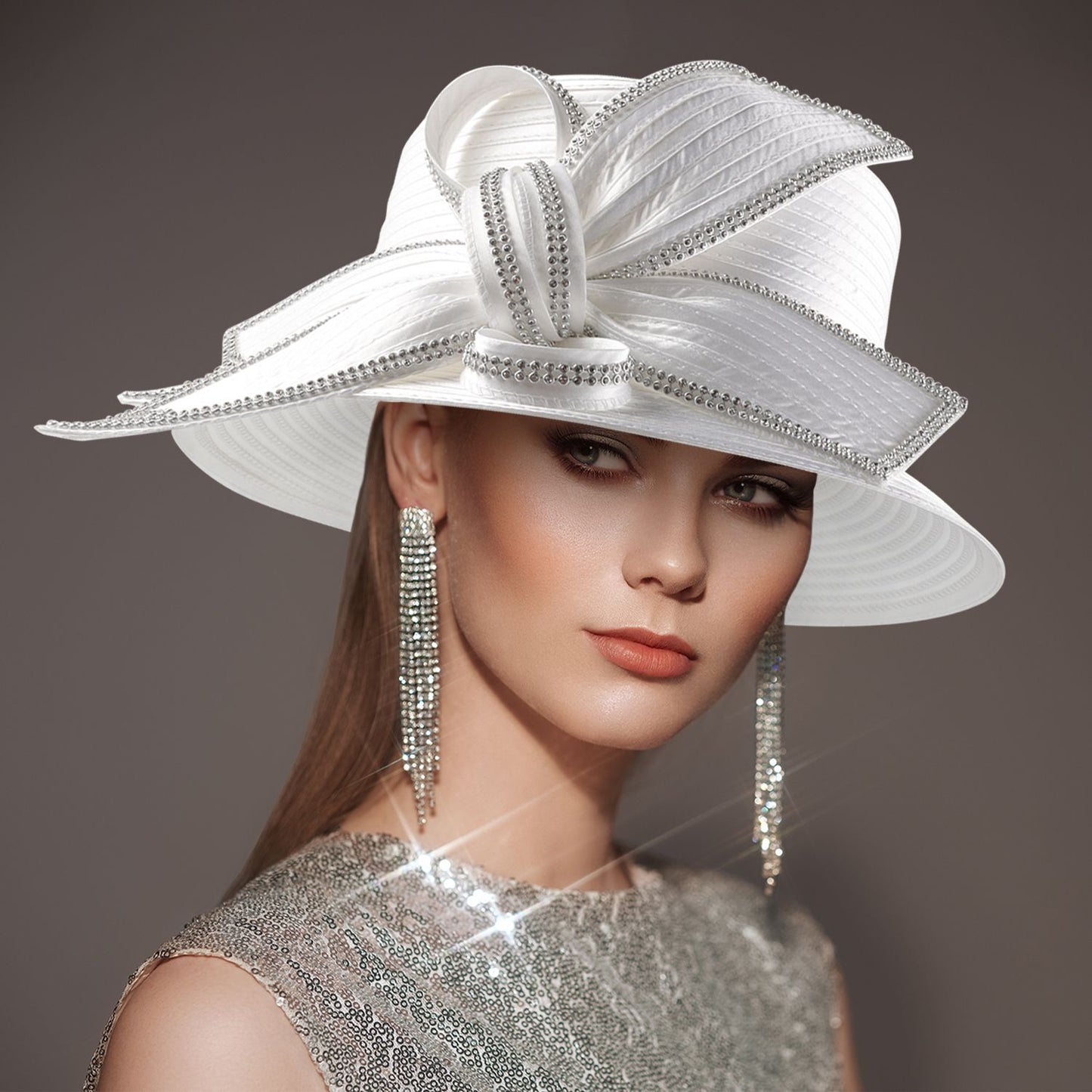Deluxe New White Church Hat Party Banquet Satin Cloth Photography Hats Premium Chains Formal Hat Flower Top Cap For Women Ladies