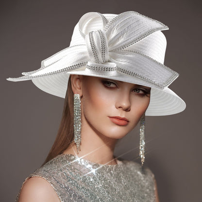 Deluxe New White Church Hat Party Banquet Satin Cloth Photography Hats Premium Chains Formal Hat Flower Top Cap For Women Ladies