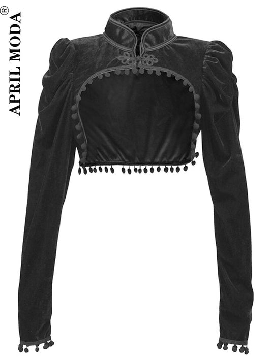 2025 Gothic Black Velvet Short Steampunk Crop Jacket Long Sleeve Women Party Bolero Victorian Coat Vintage Corset Accessories