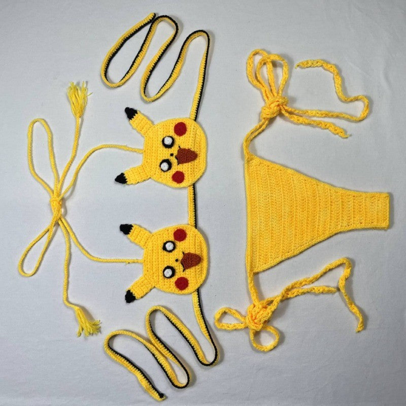 Kwaii Pikachu Girls Sexy Swimsuit Handmade Crochet Cute Bikinis Set 2pcs Womens Swimming Suit String Bikini Thongs Bathing Suit