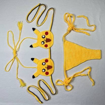 Kwaii Pikachu Girls Sexy Swimsuit Handmade Crochet Cute Bikinis Set 2pcs Womens Swimming Suit String Bikini Thongs Bathing Suit
