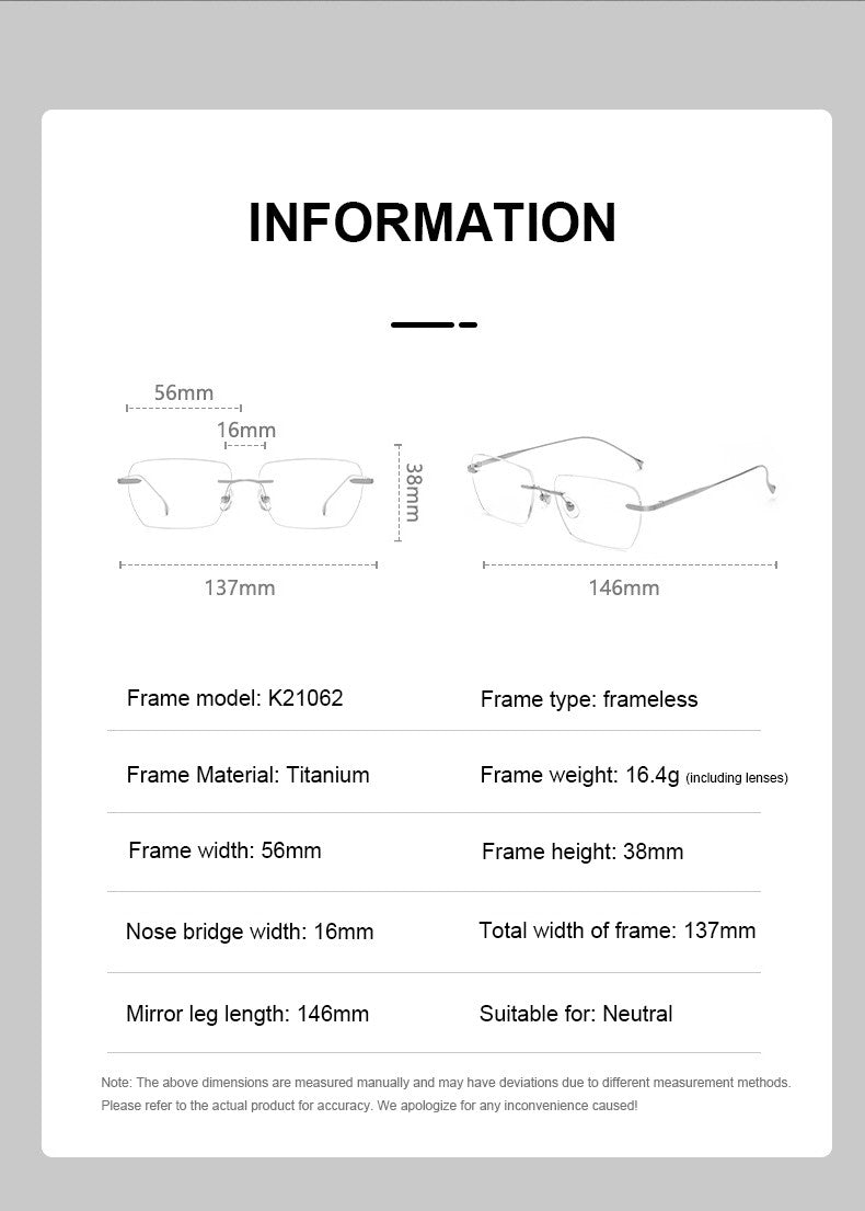 Men Pure Titanium Eyeglasses Frame Women Ultralight Rimless Glasses Blue Light Blocking Lens Prescription Myopia Reading Eyewear