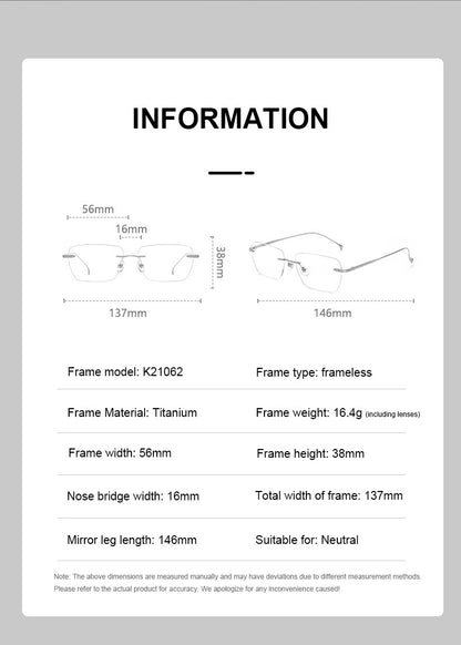 Men Pure Titanium Eyeglasses Frame Women Ultralight Rimless Glasses Blue Light Blocking Lens Prescription Myopia Reading Eyewear