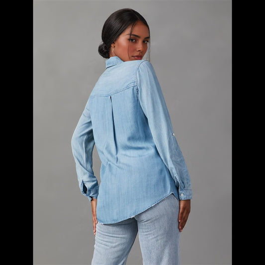 NEW-Women Double Pockets Spliced Decoration Denim Shirt Jacket Single-Breasted Lapel Casual Female Tops