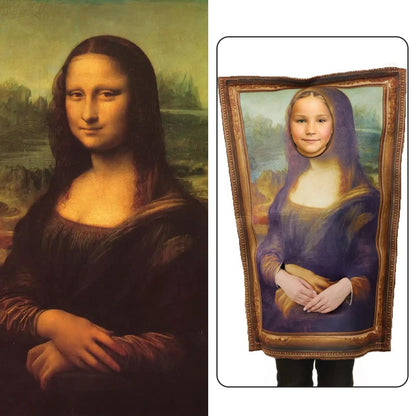 Funny Daddy Poo Costume & Mona Lisa Parody Mural Cosplay Outfit for Halloween School Party Parent-Child Matching Set