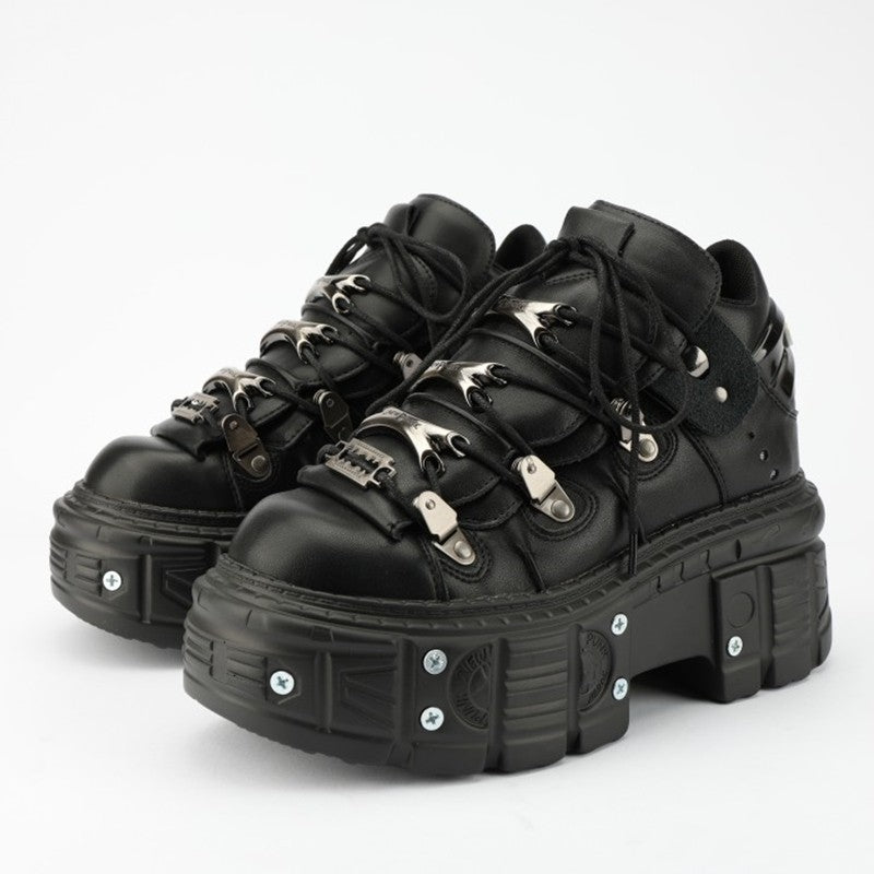 Casual Female Runway Shoes Platform Metal Toe Chunky Sneakers Women Gothic Punk Style Sneakers Rock Design Black Walking Shoes