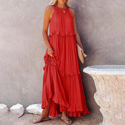 Women Casual Solid Ruffles Long Dress Summer Elegant Sleeveless Sundress Elegant