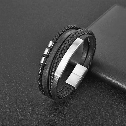 Pulseira de Couro Masculina Punk com Fecho Magnético de Aço Inoxidável Trançado em Camadas Envoltório de Couro Pulseiras Presente Joias Masculinas