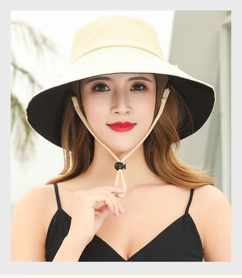 Chapéu de Pescador Feminino, Proteção Facial para o Verão, Protetor Solar, Chapéu de Sol de Aba Larga, Dupla Face e Versátil de Celebridades da Internet