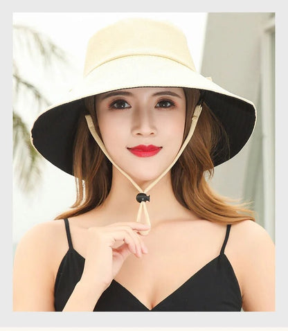Chapéu de Pescador Feminino, Proteção Facial para o Verão, Protetor Solar, Chapéu de Sol de Aba Larga, Dupla Face e Versátil de Celebridades da Internet