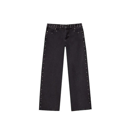 Spanish Street Fashion ONE DILEMMA Style Rivet Five-pointed Star Pattern White Jeans Women's Autumn Slim Straight Pants