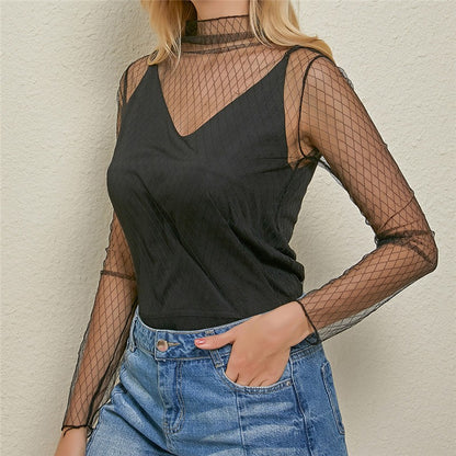 Women's Sexy Mesh Sheer Lace Blouses Perspective Long Sleeve Stand Collar Mesh Tops Striped Polka Dot Stars Party Tee Blouses