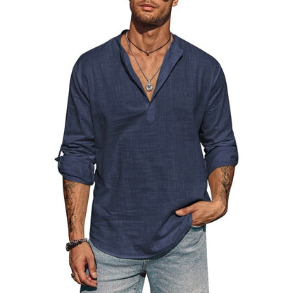 Mens Long Sleeve Cotton Shirt Linen Stand Collar T-shirts Lightweight Breathable Streetwear Half Button Hawaiian Large Shirt