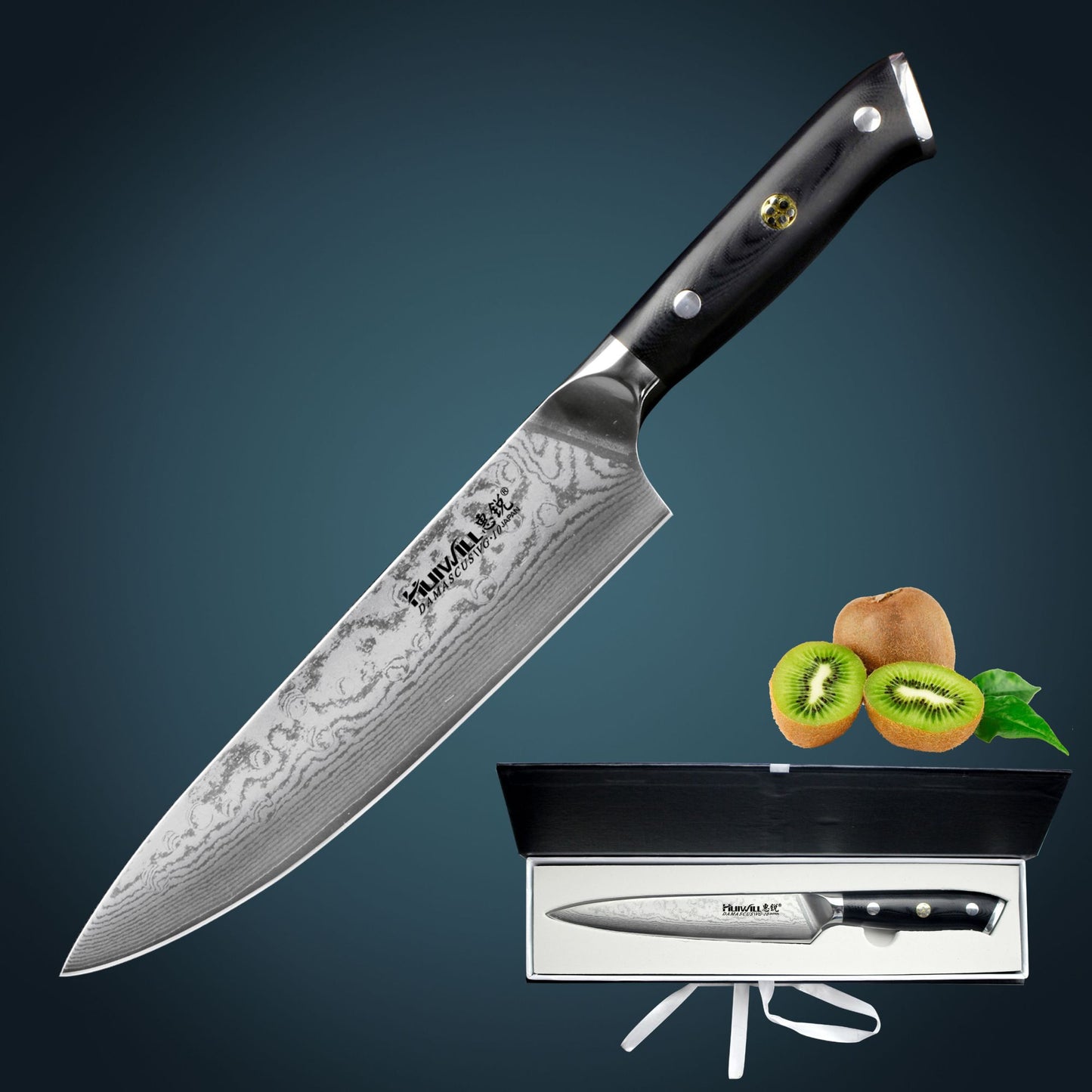 Huiwill Super Qualidade 8" Japonês VG10 67 Camadas de Aço Damasco Conjunto de Facas de Cozinha para Chef Faca de Corte Faca de Fatiar com Bloco